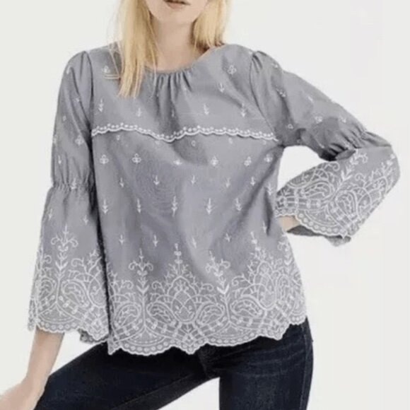 Jcrew Embroidered bell-sleeve top in striped poplin - Picture 1 of 5